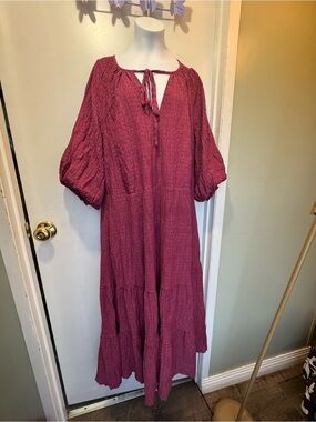 City Chic Wine-Red Tiered Maxi Dress with Tie Neck